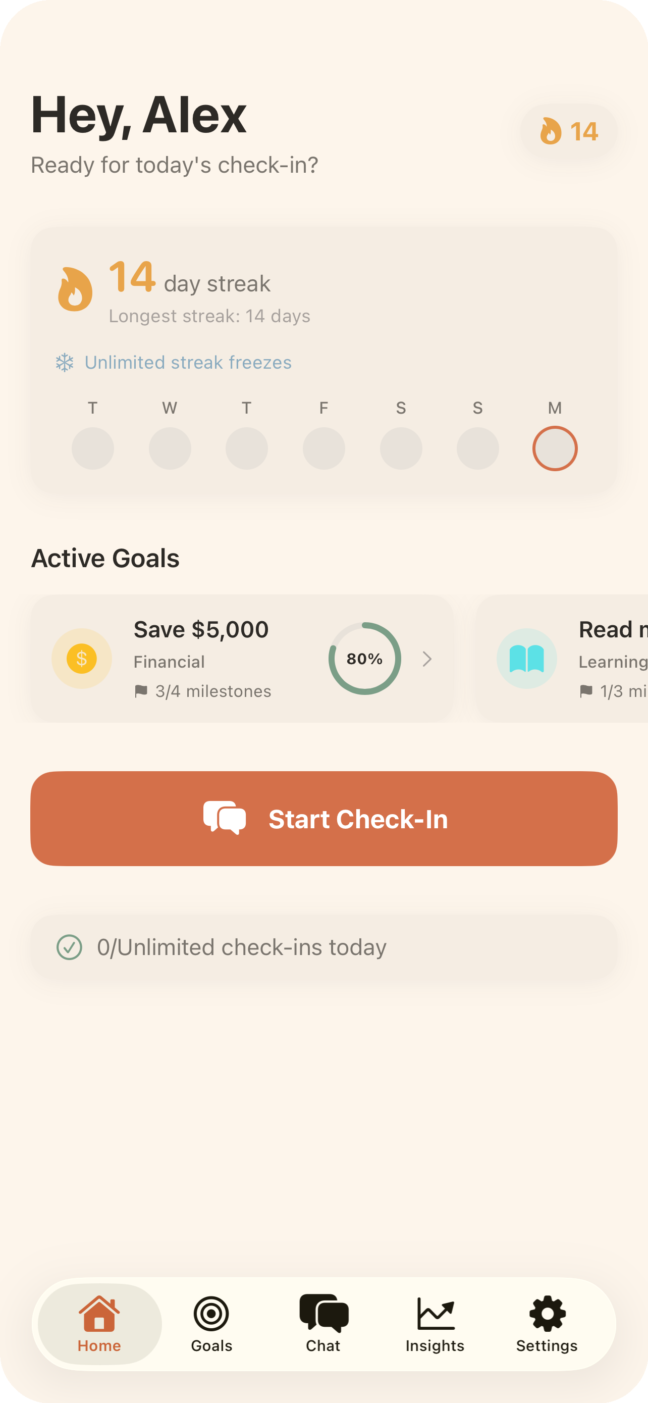 Nudg app home screen showing daily check-in and streak tracking